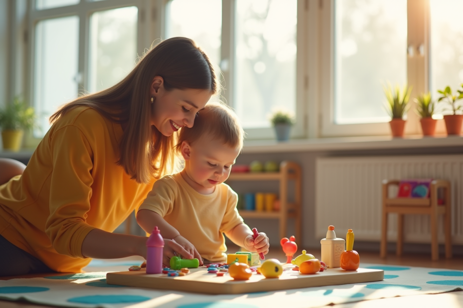 Un adulte soutient un enfant lors d'une activité créative en classe lumineuse