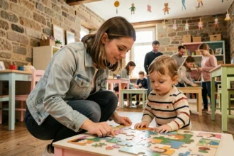 Maman et enfant de 3 ans explorant un puzzle en bois dans un espace culturel pour enfants à Paris