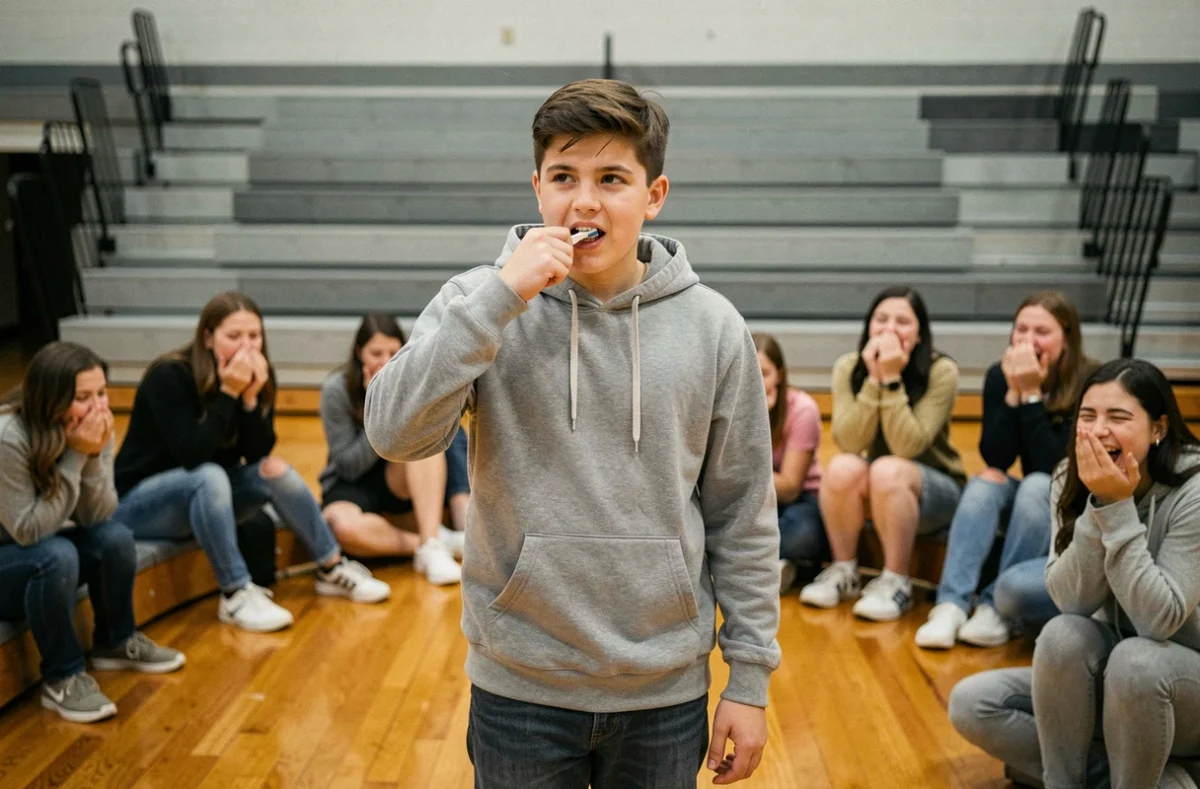 Adolescent mimant le brossage de dents lors d'un jeu de mimes en classe, idée de mime simple et amusant