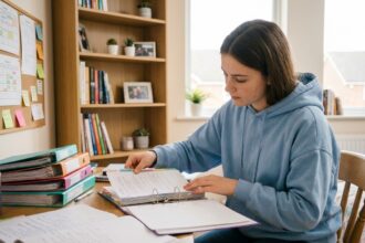 Adolescente organisant ses cours dans un classeur à anneaux avec intercalaires colorés sur un bureau en bois