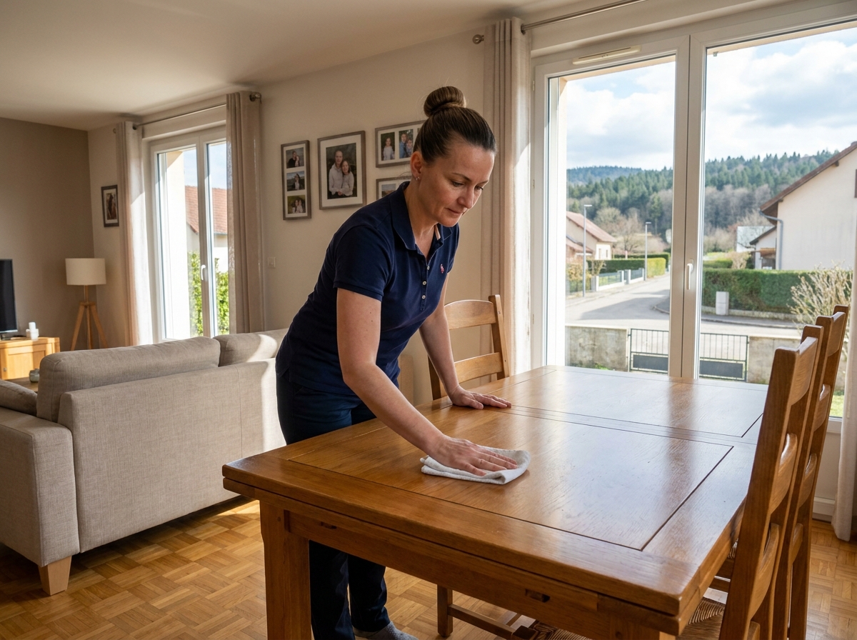 Professionnelle du ménage en uniforme nettoyant la table d'un salon familial à Lons-le-Saunier, service à domicile Centre Services