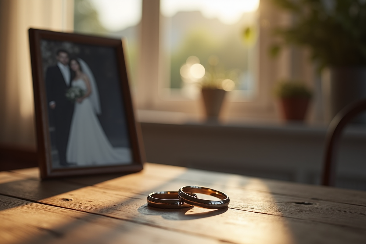 Alliances posées sur une table en bois avec photo de mariage en noir et blanc