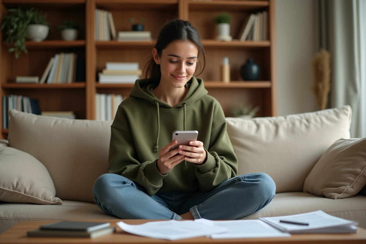 Jeune femme gérant ses allocations CAF sur téléphone depuis son canapé