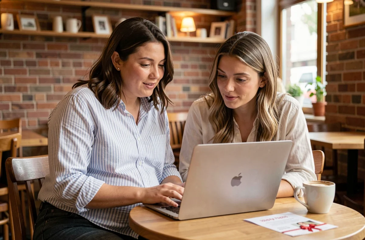 Deux amies dont une femme enceinte recherchant des cadeaux gratuits grossesse sur internet dans un café