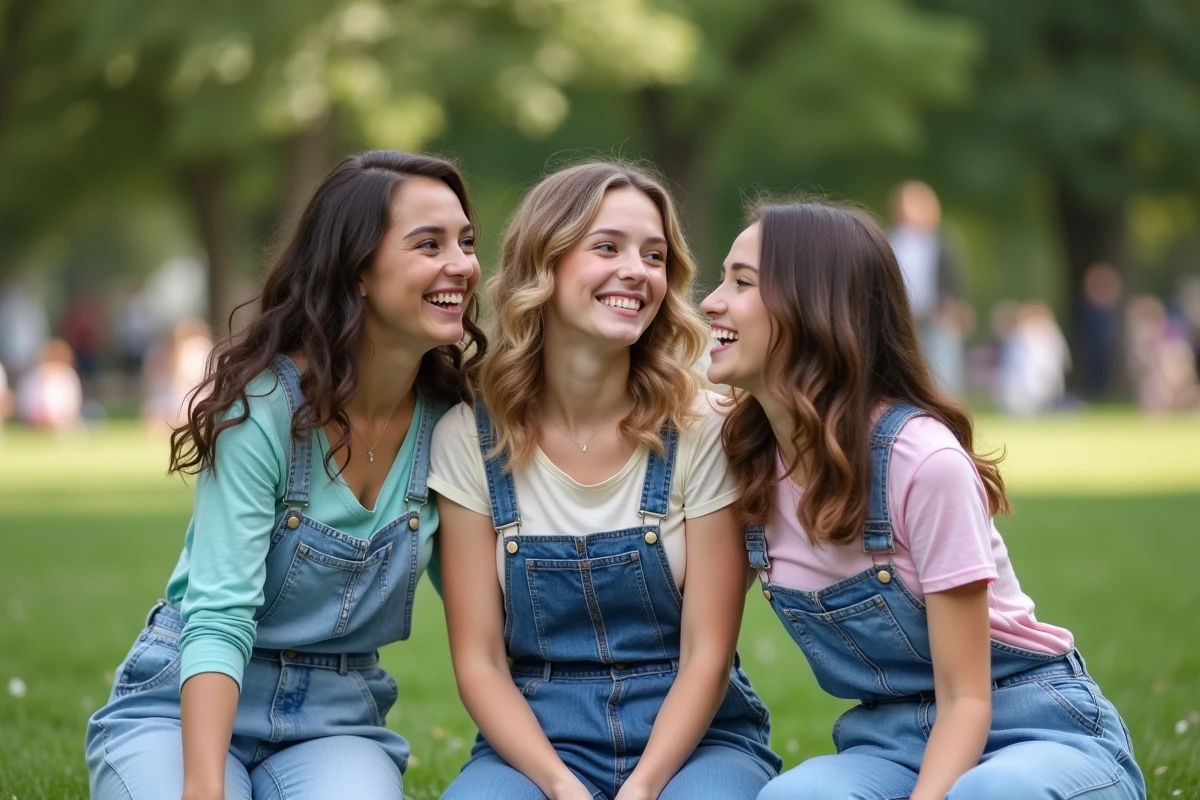 Trois jeunes femmes rient ensemble dans un parc en été