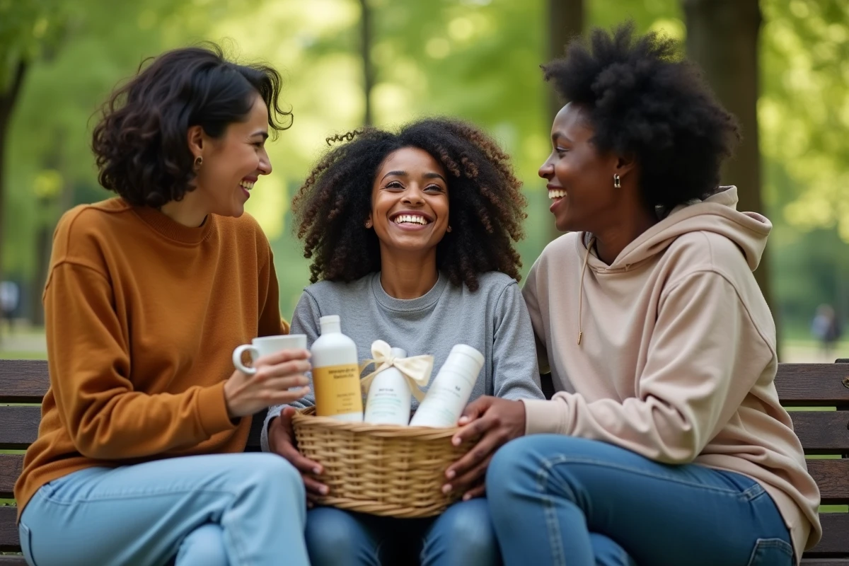 Amis offrant des cadeaux de naissance à une maman dans un parc