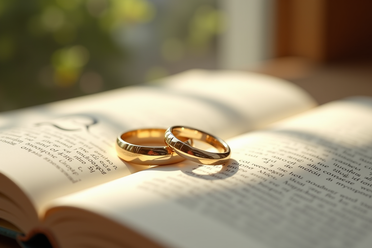 Anneaux de mariage sur un livre avec le chiffre quatre