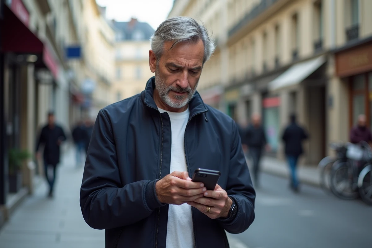 Homme consultant l'application CAF en mobilité dans une rue française
