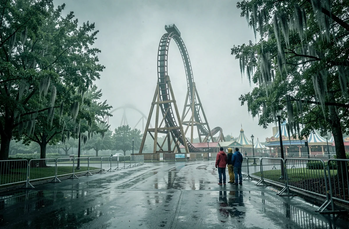 Montagne russe du parc Walibi Rhône-Alpes avec files d'attente vides sous la pluie
