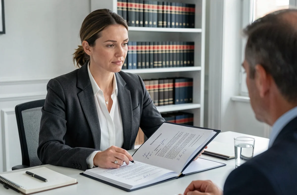Avocate en consultation examinant un dossier juridique relatif à une pension alimentaire lors d'un rendez-vous avec un client