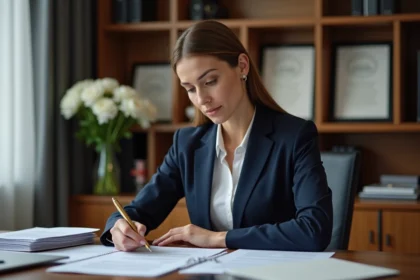 Femme avocate en costume navy dans son bureau professionnel