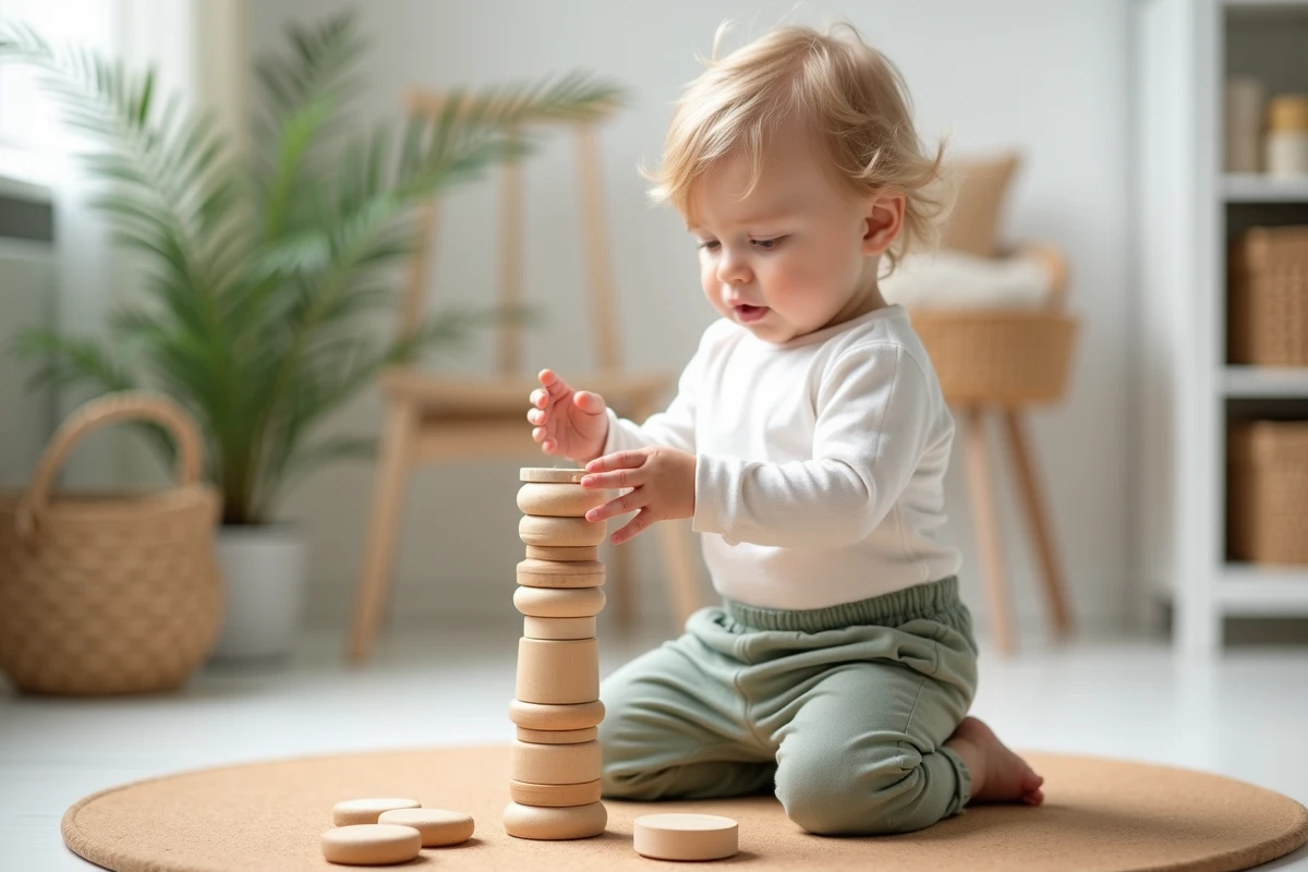 Bébé garçon de 1 an empilant des anneaux en bois sur un jeu Montessori dans une chambre minimaliste