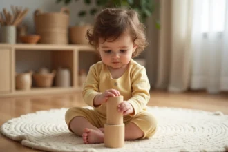 Bébé de 1 an explorant un objet Montessori en bois sur un tapis en laine naturelle dans un salon chaleureux