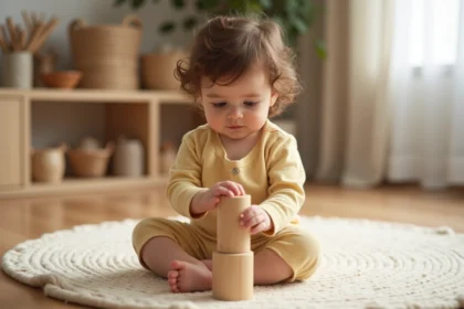 Bébé de 1 an explorant un objet Montessori en bois sur un tapis en laine naturelle dans un salon chaleureux