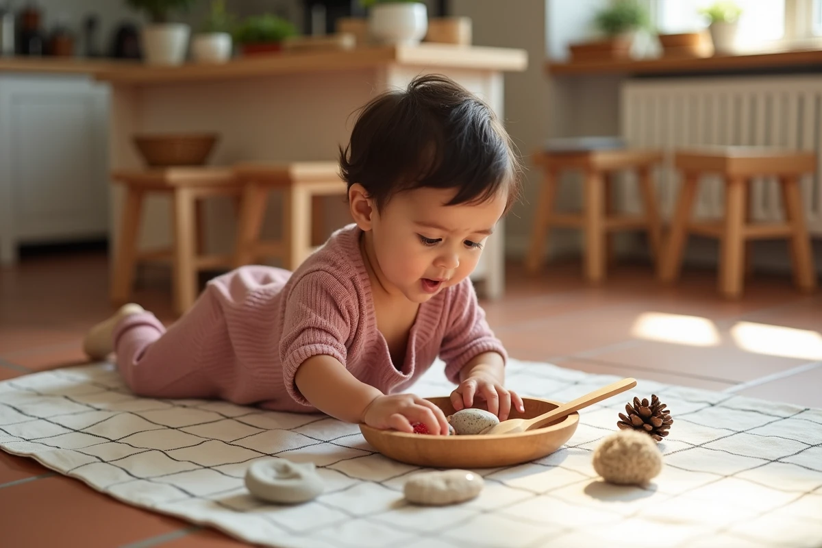 Bébé de 1 an en train d'explorer un panier sensoriel Montessori avec des objets naturels sur le sol d'une cuisine
