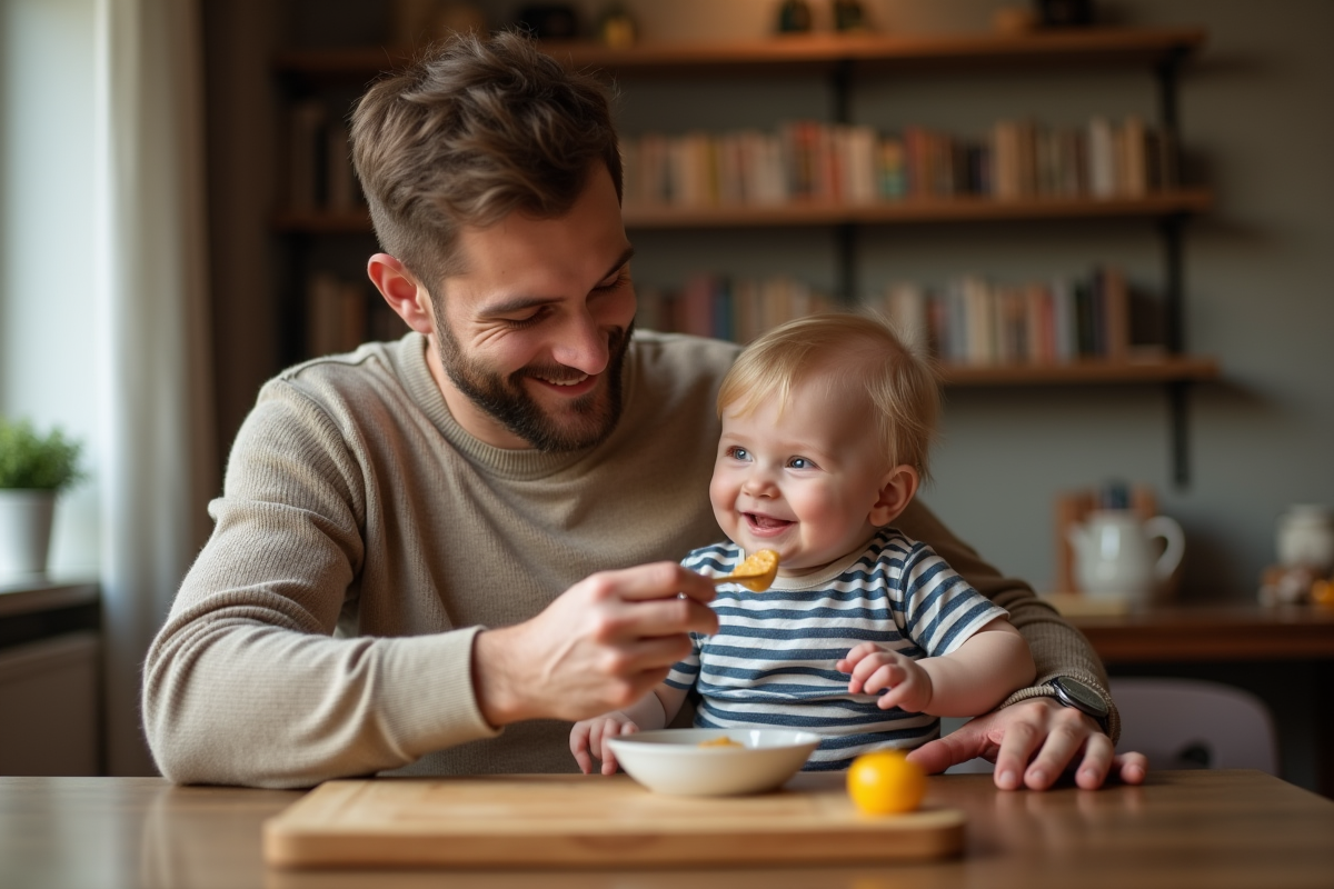 Bebe de neuf mois souriant avec son papa lors du repas