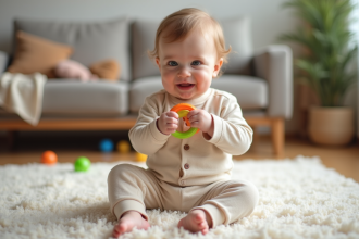 Bébé garçon de 8 mois explore un anneau coloré à la maison