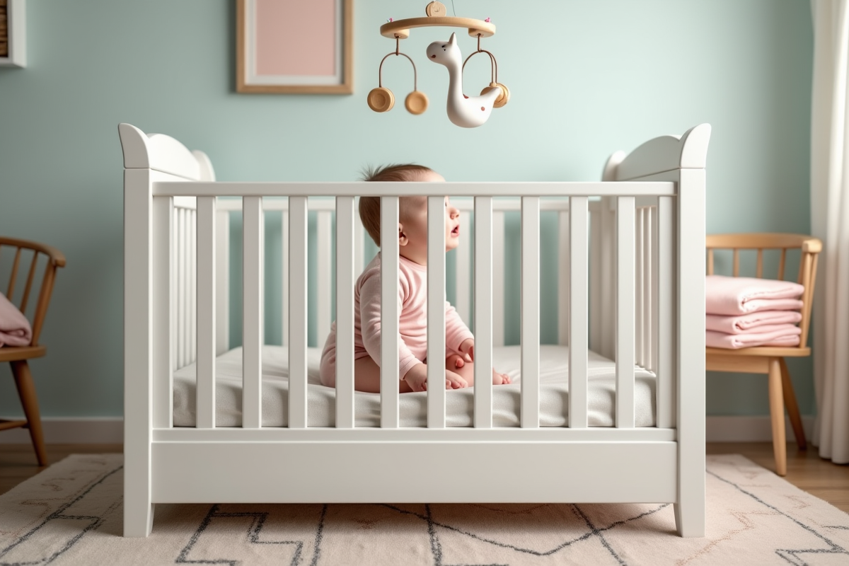 Bébé de 10 mois dans un berceau blanc regardant un mobile