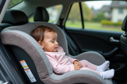 Bébé de six mois dormant dans siège auto sécurisé