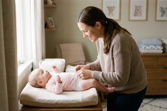 Bébé fille en pyjama rose change par sa mère dans une nurserie chaleureuse