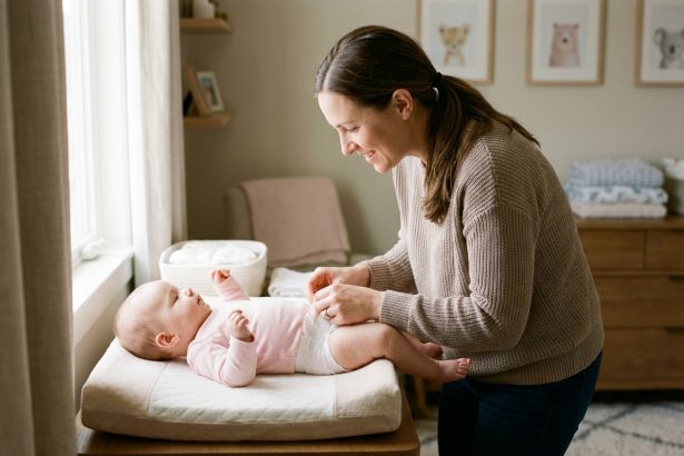 Bébé fille en pyjama rose change par sa mère dans une nurserie chaleureuse
