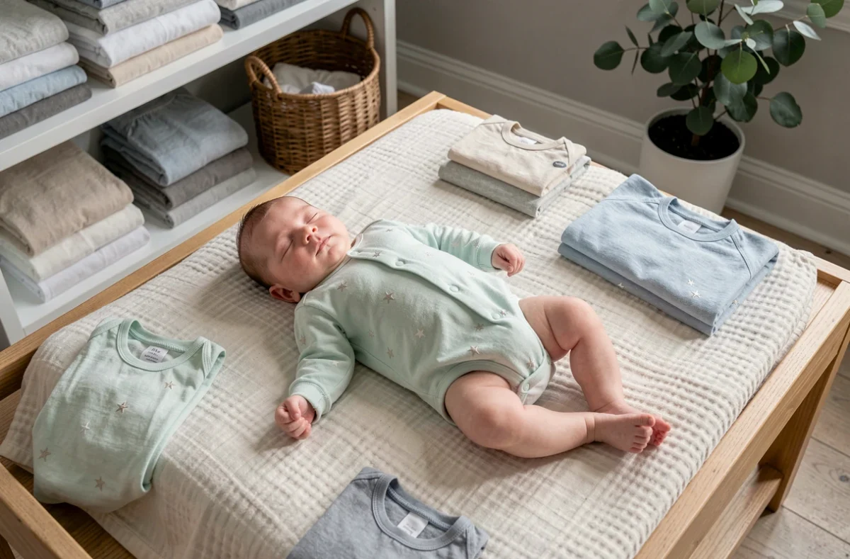 Bébé en grenouillère douce allongé sur une couverture mousseline entouré de vêtements bébé soigneusement pliés dans une chambre épurée