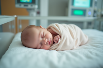 Nouveau-né endormi dans un lit d'hôpital moderne