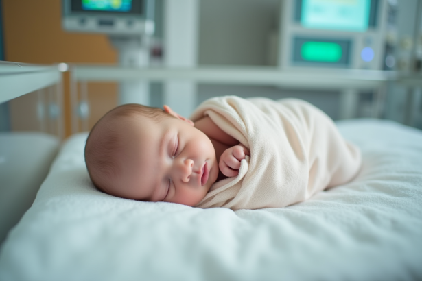 Nouveau-né endormi dans un lit d'hôpital moderne