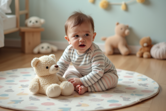 Bébé de un an en tenue douce dans sa chambre chaleureuse