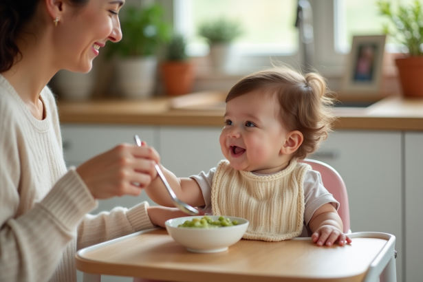 Bebe de six mois mangeant avec sa maman dans la cuisine