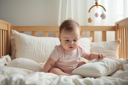 Bébé fille de sept mois dans un lit en bois avec literie pastel