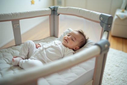 Bebe fille endormie dans un berceau portable dans une nurserie douce