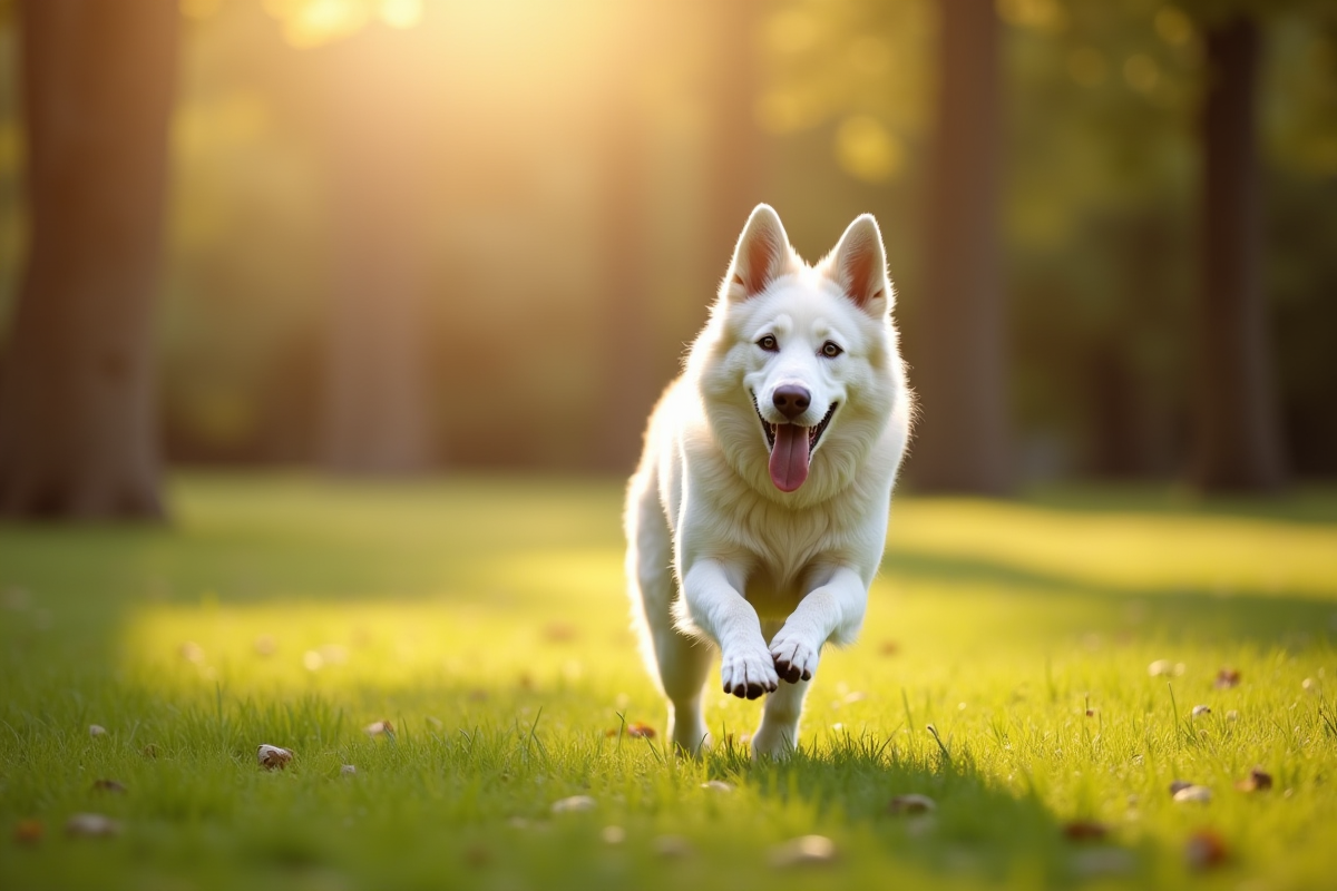 Chien berger blanc belge courant dans un parc en matinée ensoleillée