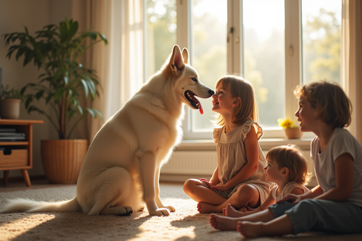 Chien berger blanc belge dans un salon ensoleille avec famille