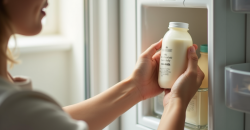 Mère plaçant un biberon de lait maternel dans le réfrigérateur