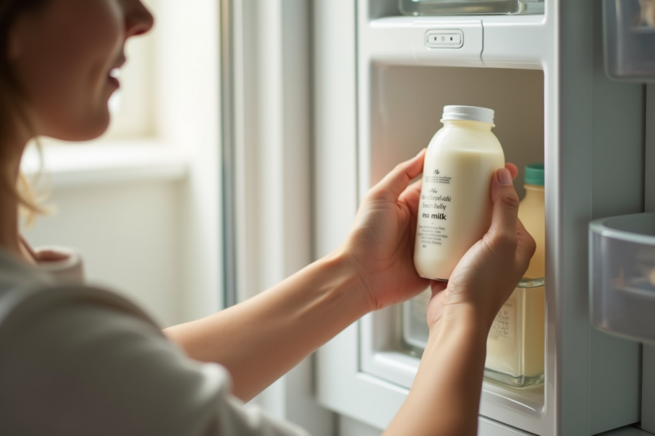 Mère plaçant un biberon de lait maternel dans le réfrigérateur