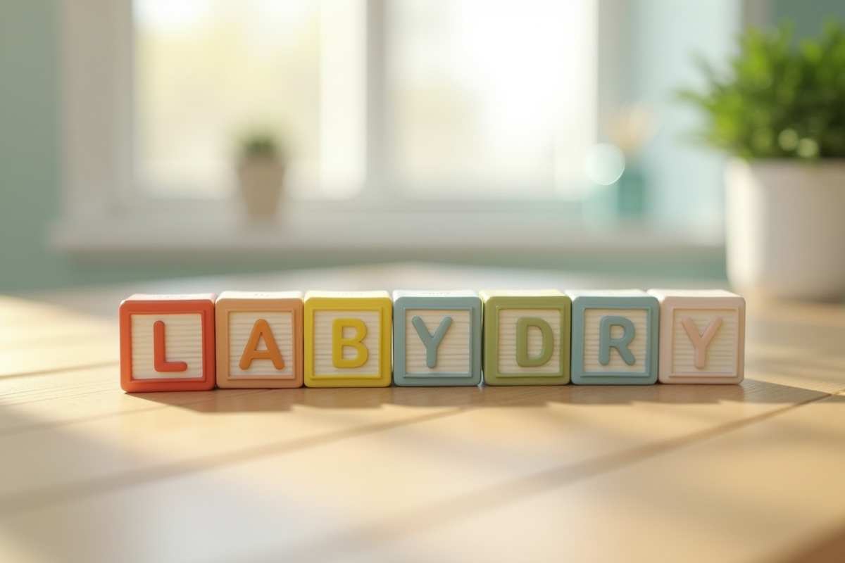 Blocs alphabet sur table en bois avec noms de bébé débutant par L