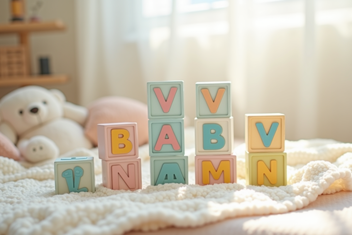 Blocs en bois colorés formant des prénoms V dans une nurserie lumineuse