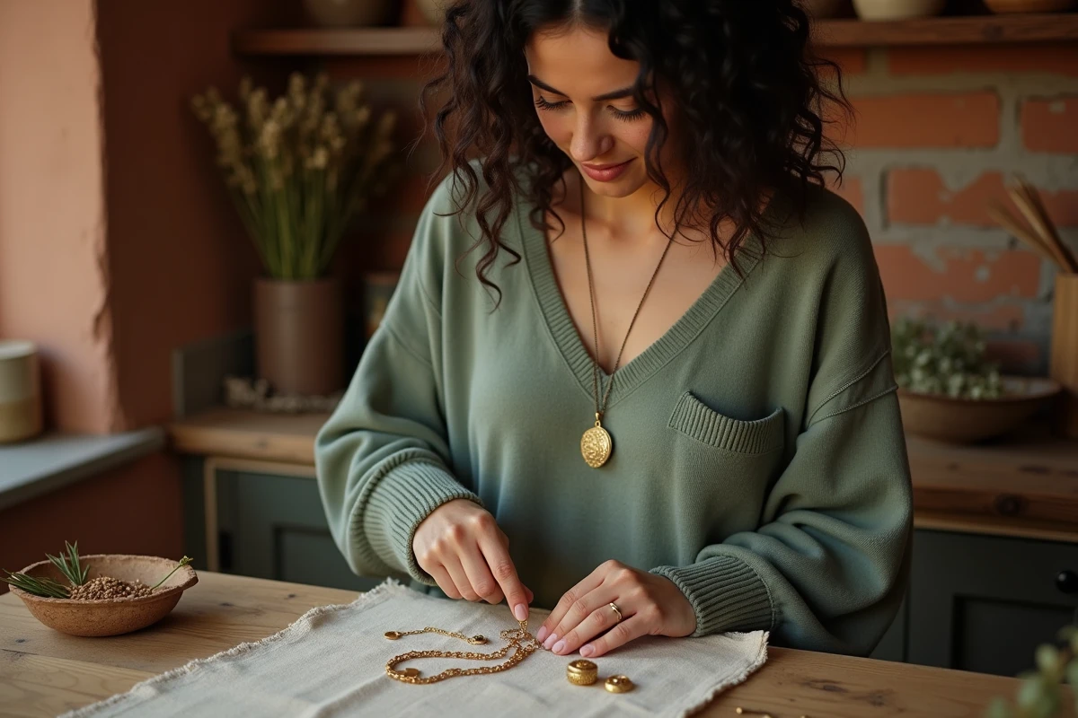 Femme transformant son bola de maternité en bijou talisman aux côtés d'autres bijoux précieux disposés sur un tissu en lin