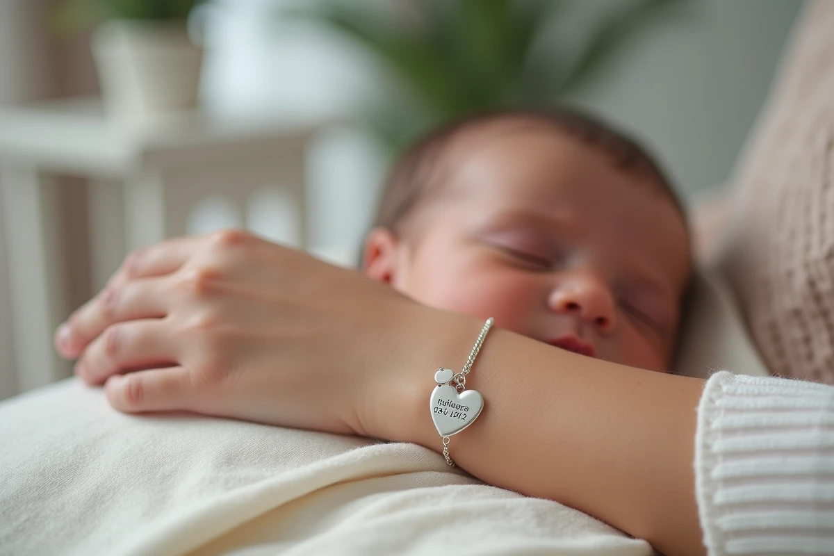 Gros plan d'un bracelet naissance en argent gravé du prénom bébé posé contre la joue d'un nouveau-né endormi sur un lange en lin