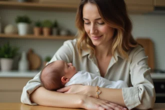 Jeune maman portant un bracelet naissance en or gravé d'une empreinte de pied, tenant son nouveau-né enveloppé dans un lange blanc