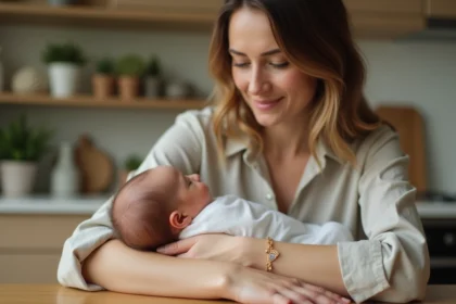 Jeune maman portant un bracelet naissance en or gravé d'une empreinte de pied, tenant son nouveau-né enveloppé dans un lange blanc