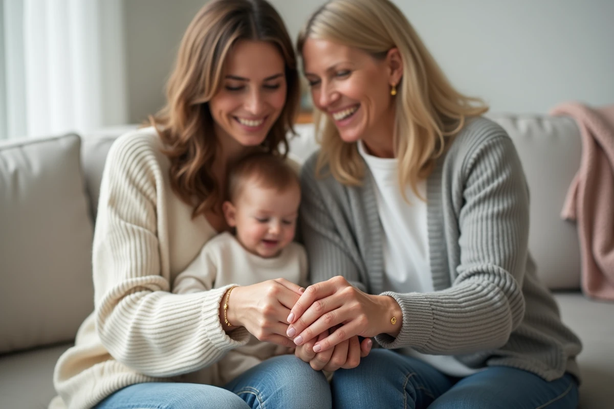 Jeune maman et sa propre mère portant des bracelets naissance assortis avec charm lune et étoile, symboles de lien intergénérationnel
