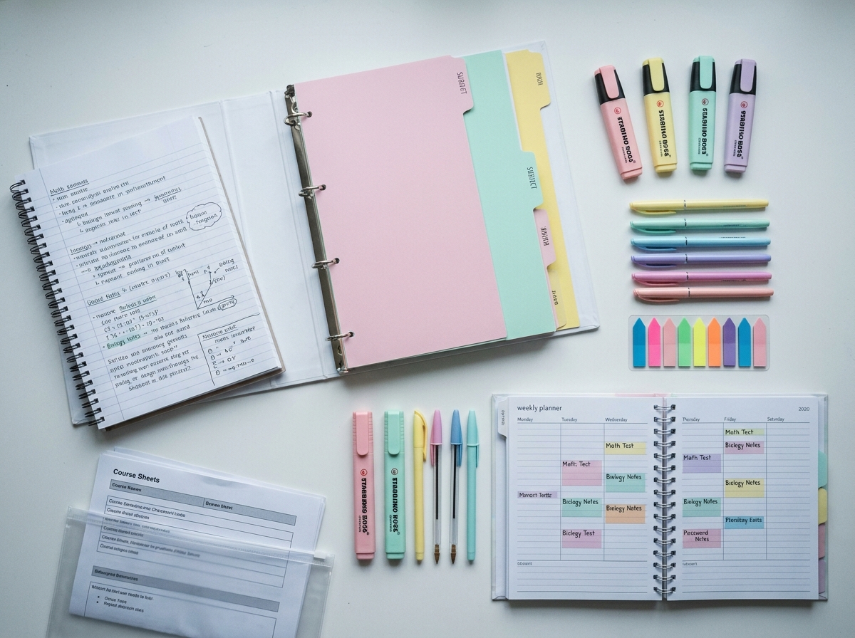 Vue en plongée d'un bureau scolaire avec classeur, trieur, intercalaires colorés et matériel d'organisation des cours