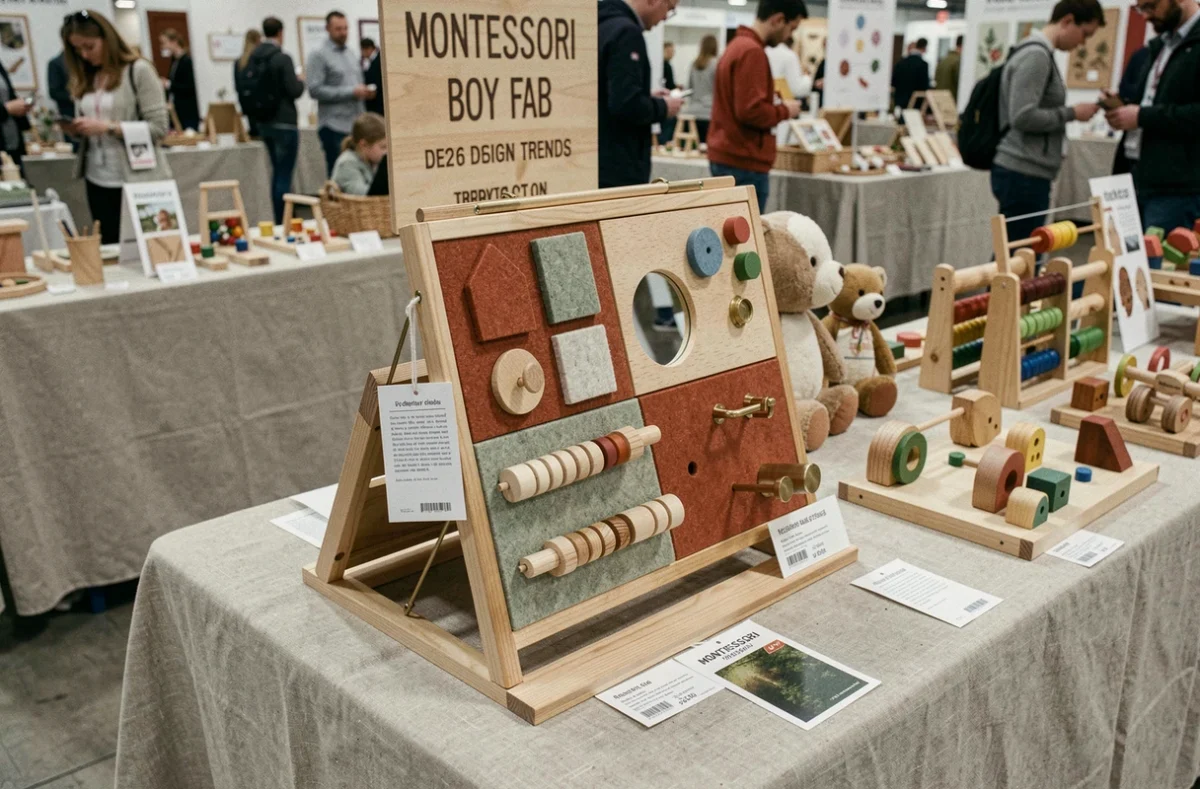Busy board Montessori tendance 2026 exposé sur une table en bois lors d'un salon de jouets artisanaux avec éléments en laiton et feutrine recyclée
