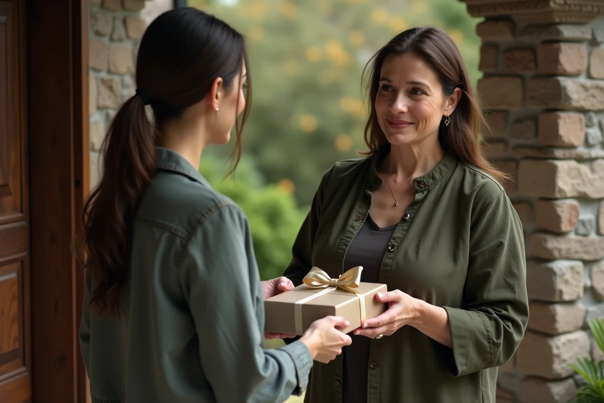 Une femme tend un petit cadeau emballé avec soin à une amie sur le pas de la porte en signe de condoléances