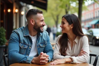 Couple en ville discutant dans un café en plein air