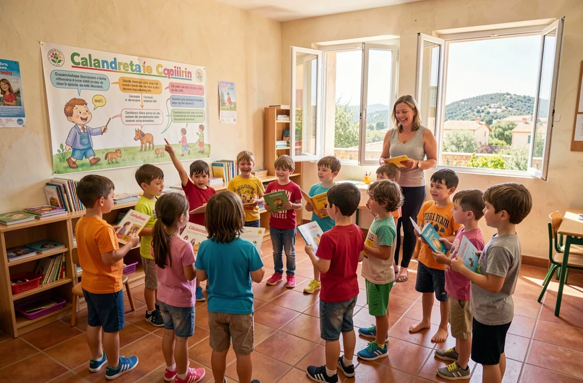 Classe animée d'une Calandreta de l'Hérault avec des enfants pratiquant l'occitan ensemble