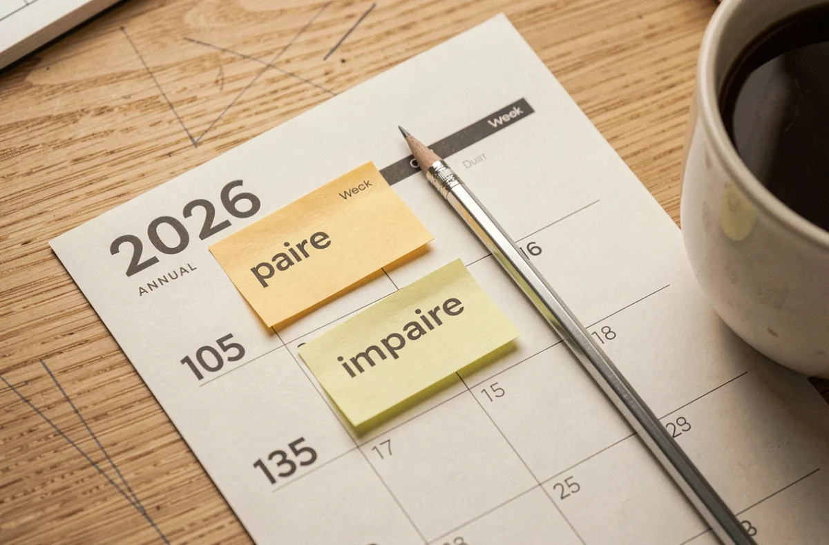 Calendrier 2026 imprimé avec numéros de semaines paires et impaires marqués de post-it colorés sur un bureau en bois