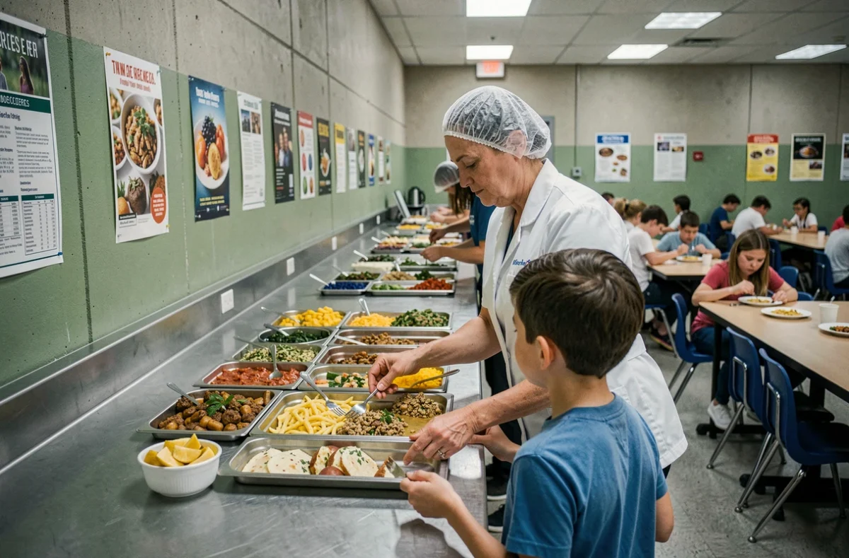 Service de repas dans une cantine scolaire illustrant les frais de restauration déductibles des impôts